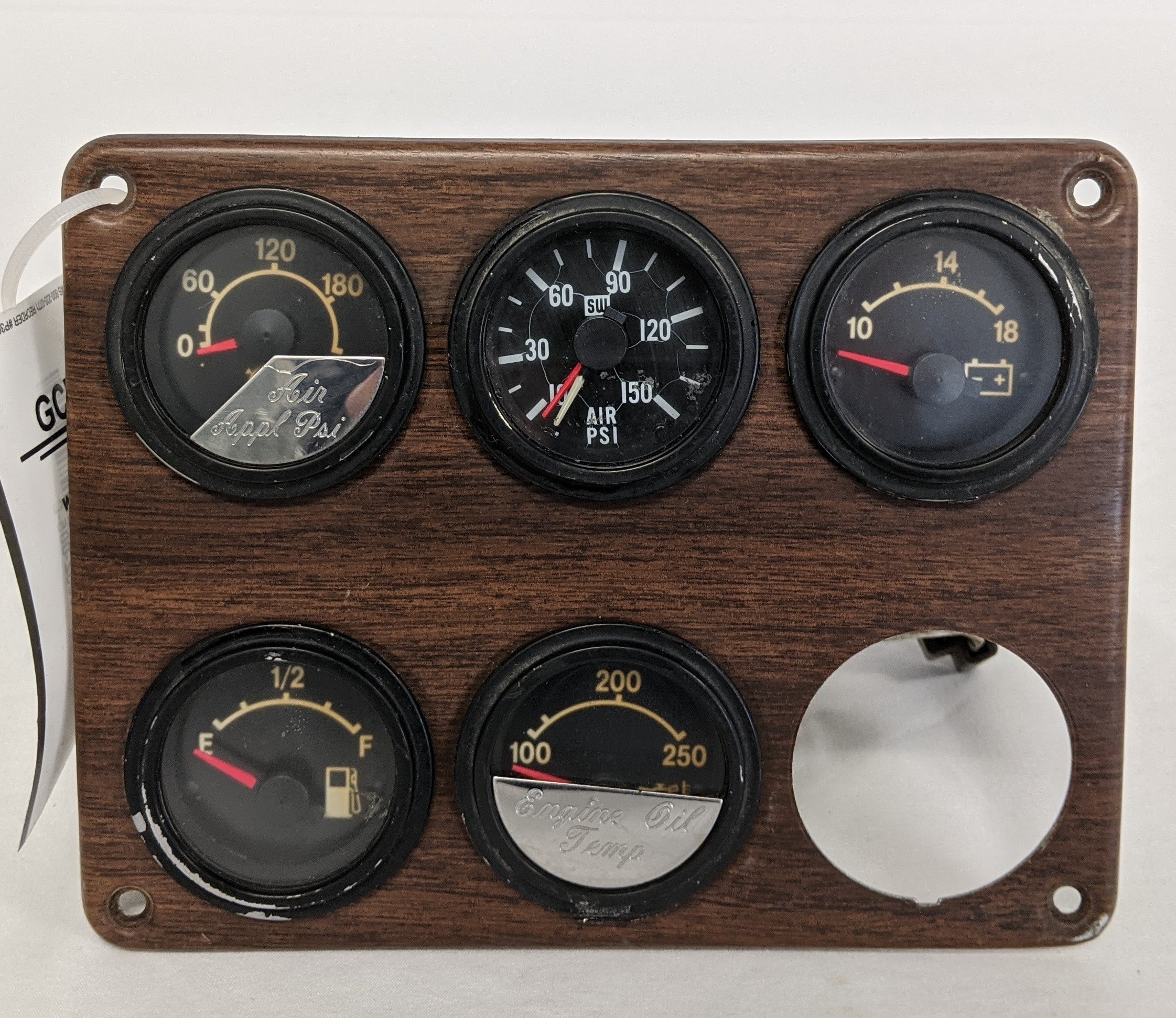 Used Freightliner FLD Woodgrain Dash Panel with 5 Black Gauges - P/N 22-20982-005 (9987419406652)