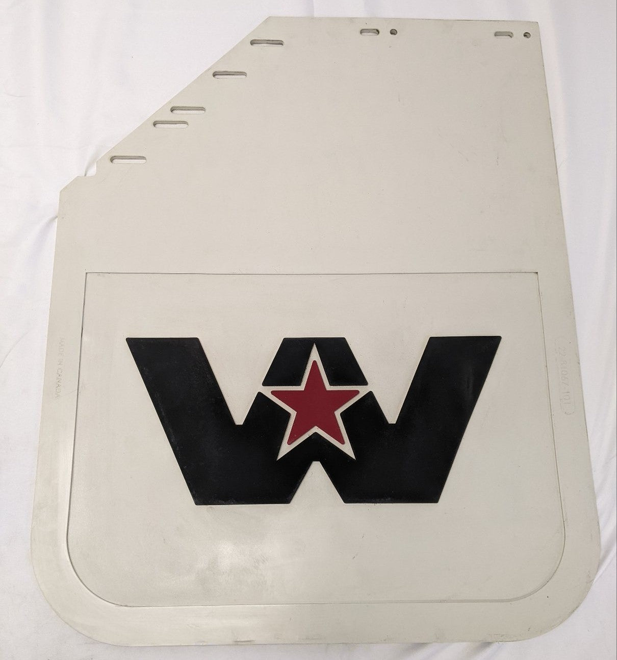Western Star LH 30 Inch Mitered White Rubber Mud Flap W/ Logo - P/N 22