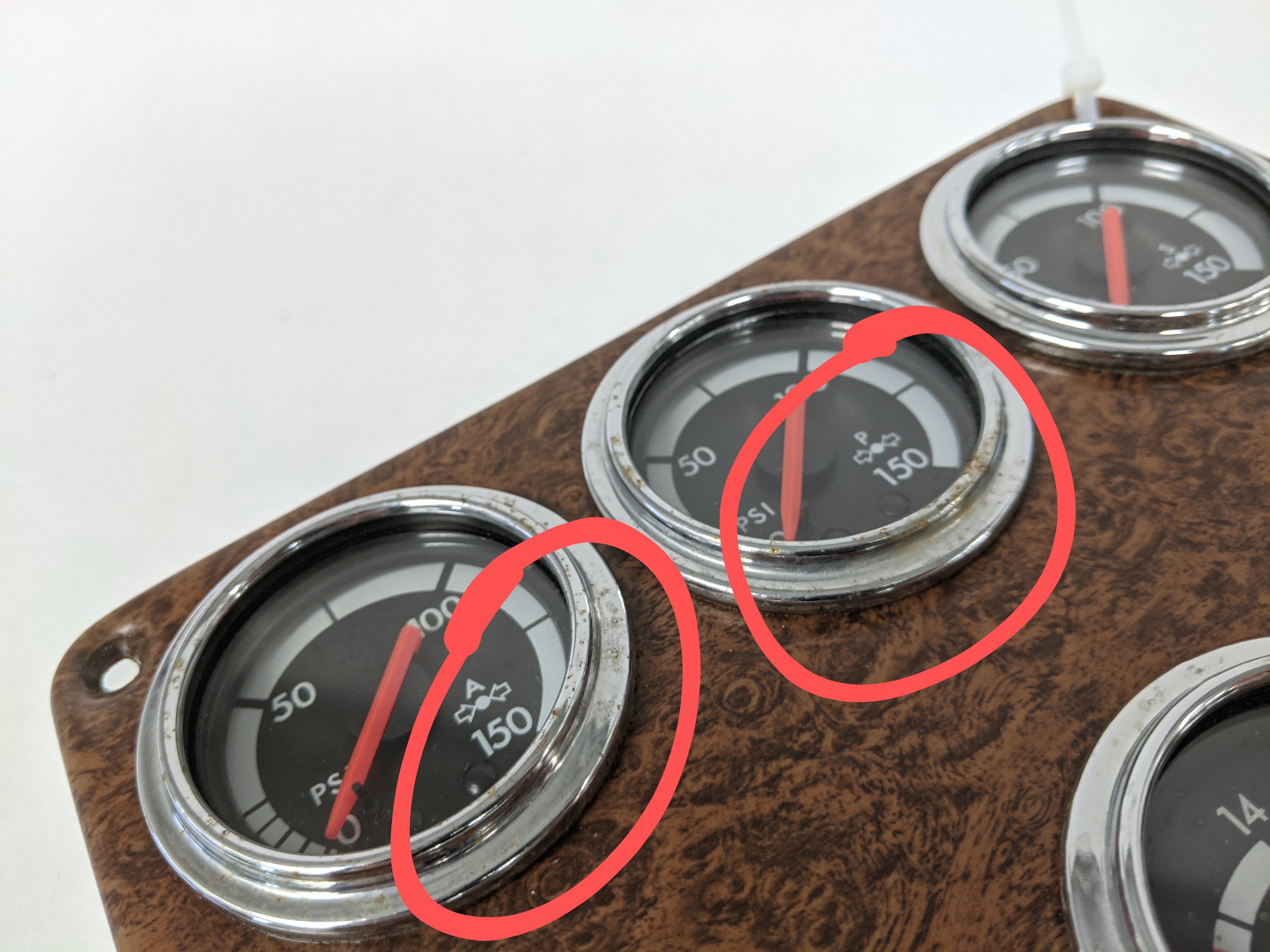 Used Freightliner FLD Driftwood Burl Dash Panel with 5 Gauges - P/N 22-51857-002 (9995480203580)
