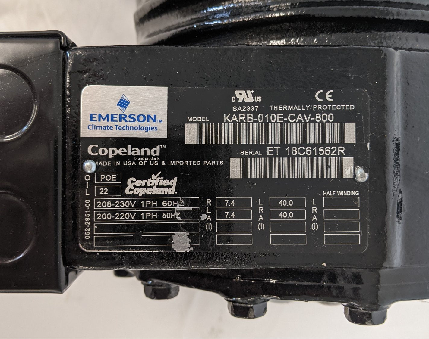 Copeland Semi-Hermetic Refrigeration Compressor Model # KARB-010E-CAV-800 (9597564584252)