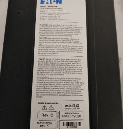 Used Eaton 11.8 V 1800W Inverter w/o Battery Charger - P/N A66-06279-003 (8003060728124)
