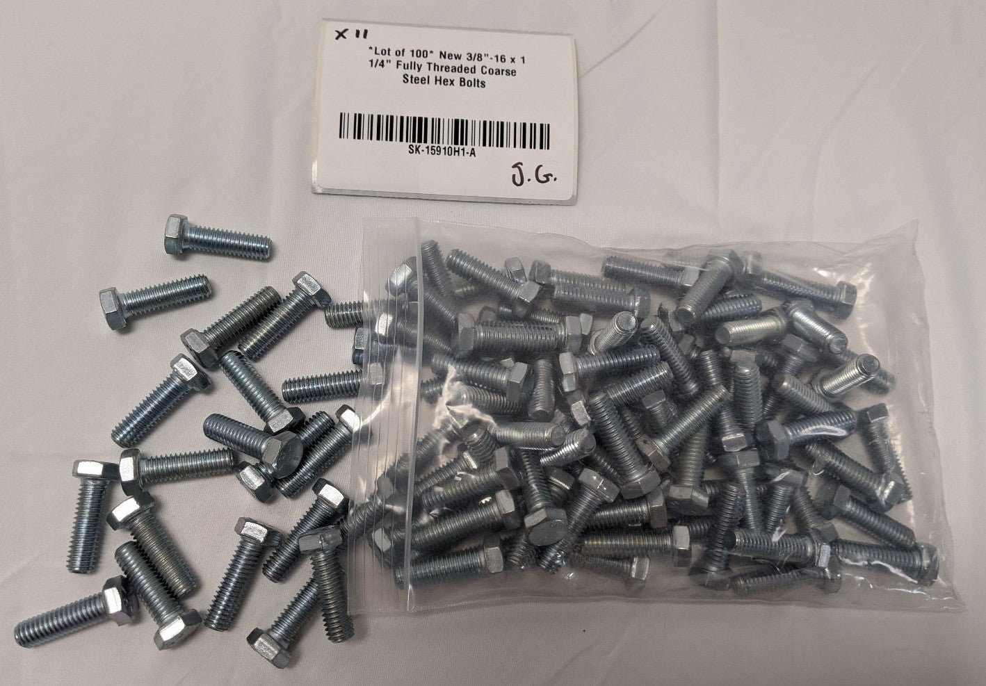 3/8"-16 x 1 1/4" Grade 5 Hex Bolts - Zinc Plated, Fully Threaded, Lot of 100