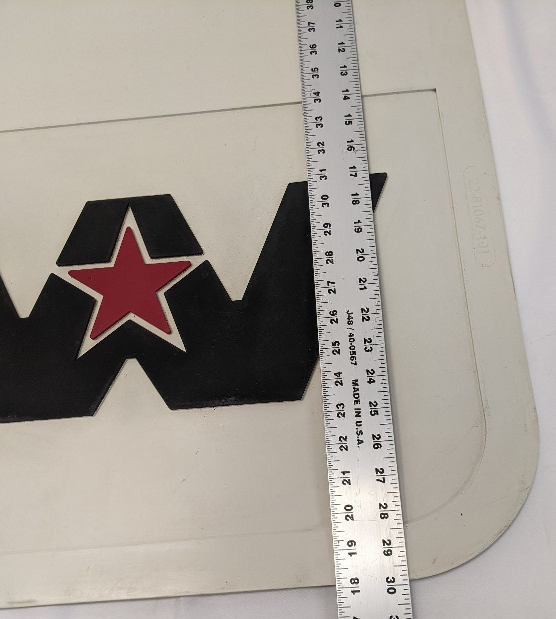 Western Star LH 30 Inch Mitered White Rubber Mud Flap W/ Logo - P/N 22