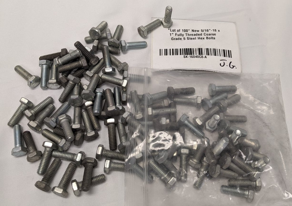 *Lot of 100* New 5/16"-18 x 1" Fully Threaded Coarse Grade 5 Steel Hex Bolts