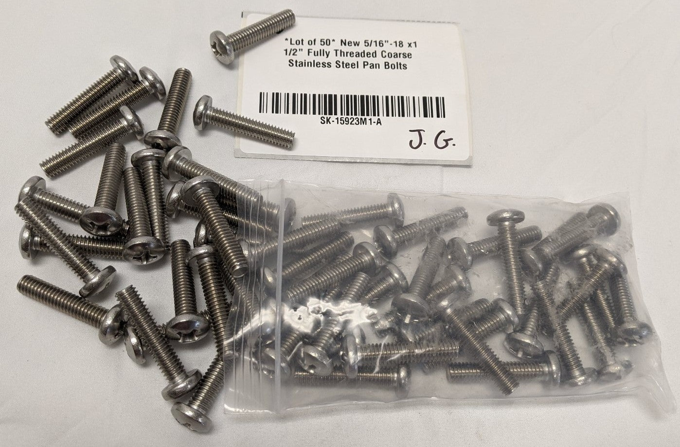 5/16"-18 x 1 1/2" Stainless Steel Pan Head Bolts - 18-8, Phillips Drive, Lot of 50