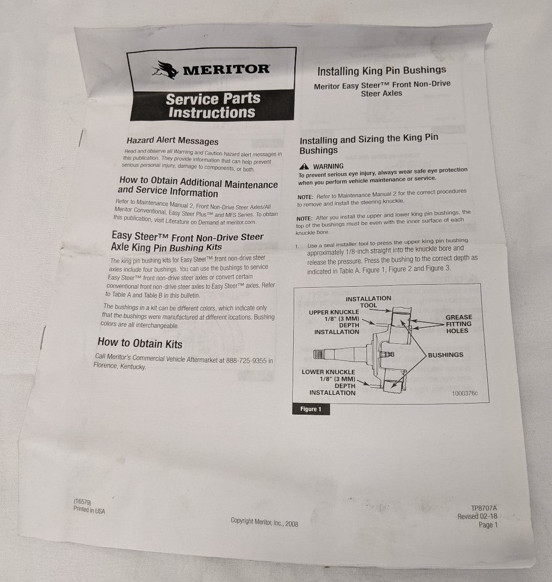 Meritor EasySteer King Pin Kit Non-Driven Axle R201312