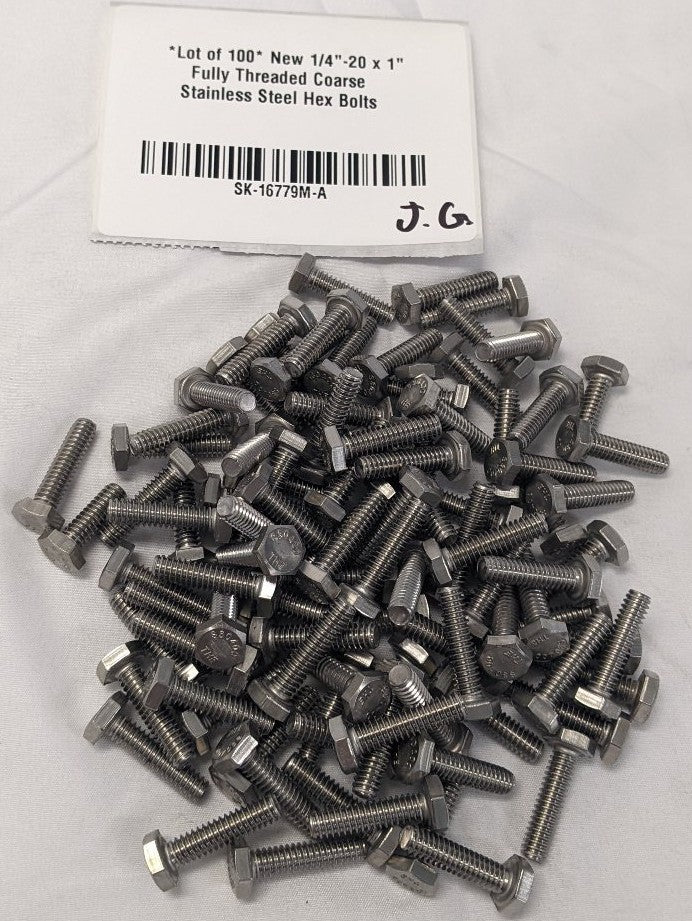 *Lot of 100* New 1/4"-20 x 1" Fully Threaded Coarse Stainless Steel Hex Bolts