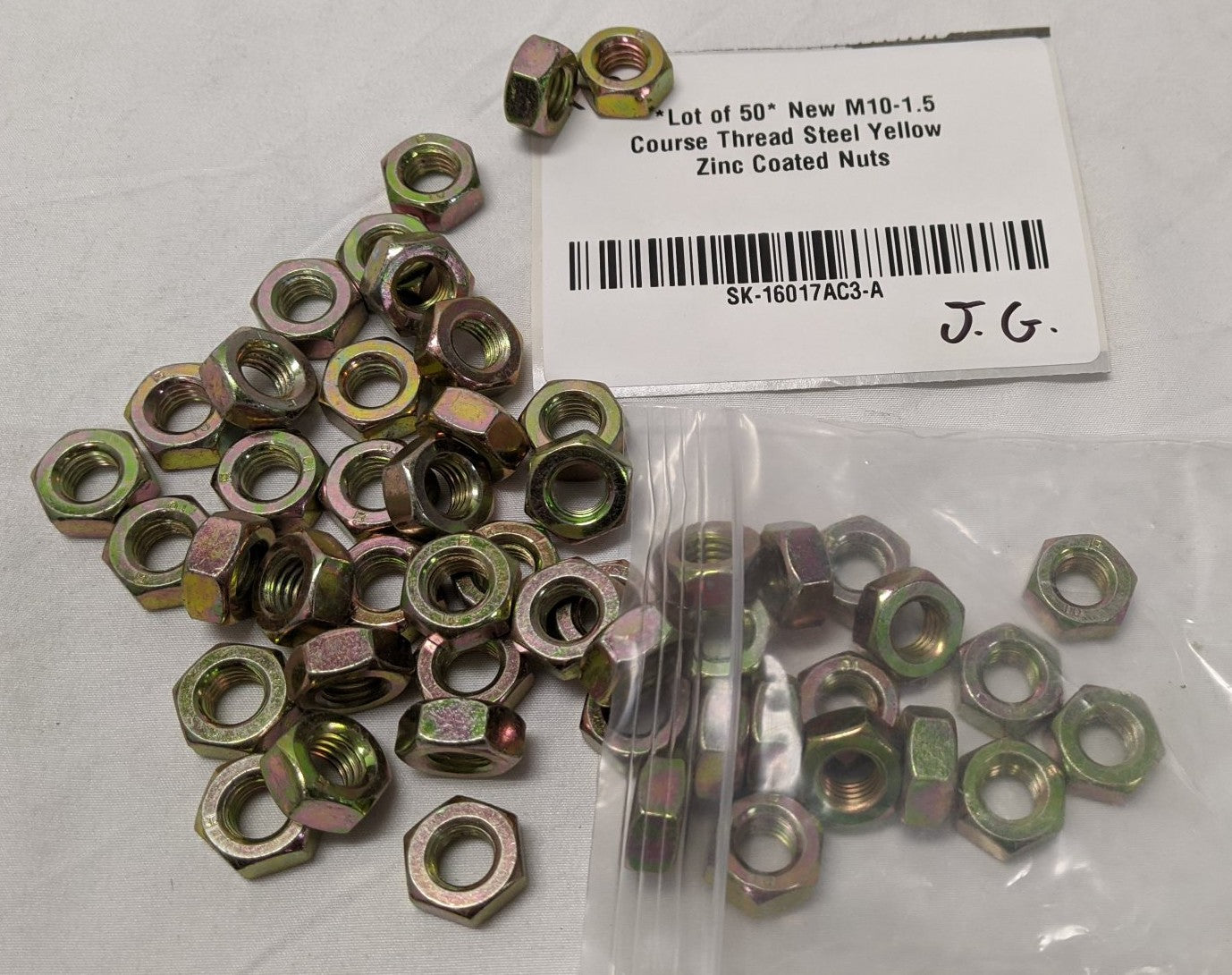 M10-1.5 Yellow Zinc Coated Steel Hex Nuts - Lot of 50 - Coarse Thread Metric Fasteners