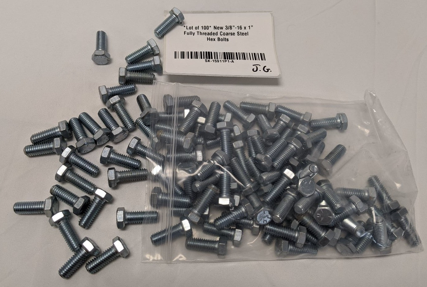 3/8"-16 x 1" Grade 5 Hex Bolts - Zinc Plated, Fully Threaded, Lot of 100