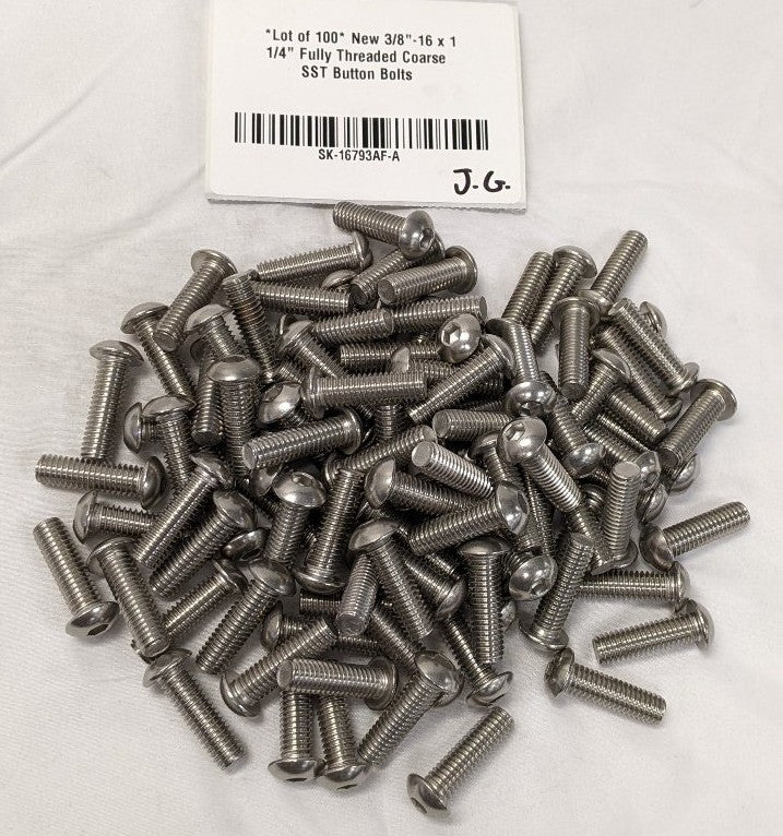 *Lot of 100* New 3/8"-16 x 1 1/4" Fully Threaded Coarse SST Button Bolts