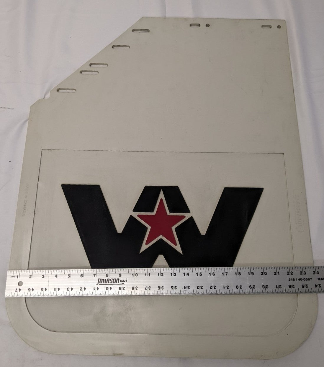 Western Star LH 30" Mitered White Mud Flap w/ Logo | 22-81067-101