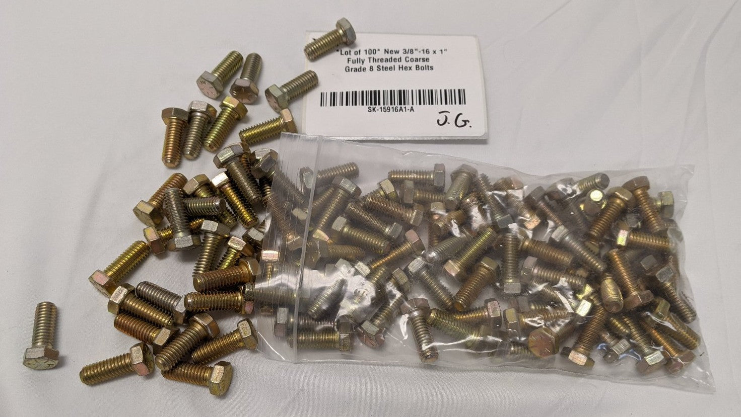 3/8"-16 x 1" Grade 8 Hex Bolts - Yellow Zinc Plated, Fully Threaded, Lot of 100