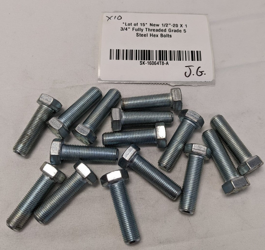 *Lot of 15* New 1/2"-20 X 1 3/4" Fully Threaded Grade 5 Steel Hex Bolts