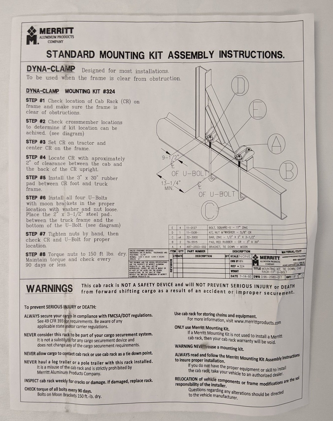 Merritt Dyna Clamp Heavy Duty 17" U-Bolt Headache Rack Mounting Kit- P/N 324