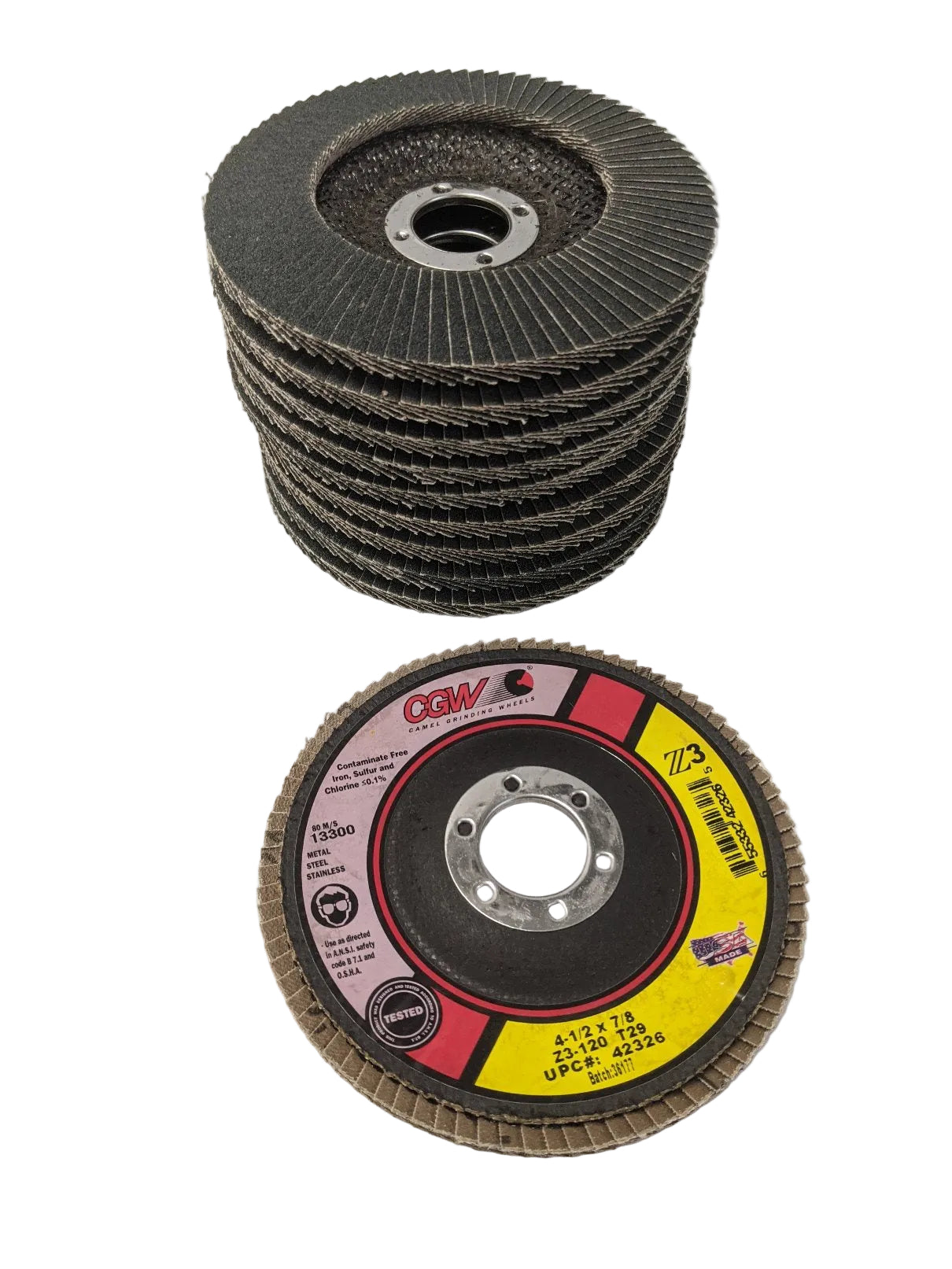 CGW 4-1/2" x 7/8" Flap Discs - T29 Z3, 120 Grit, 13300 RPM, Lot of 10