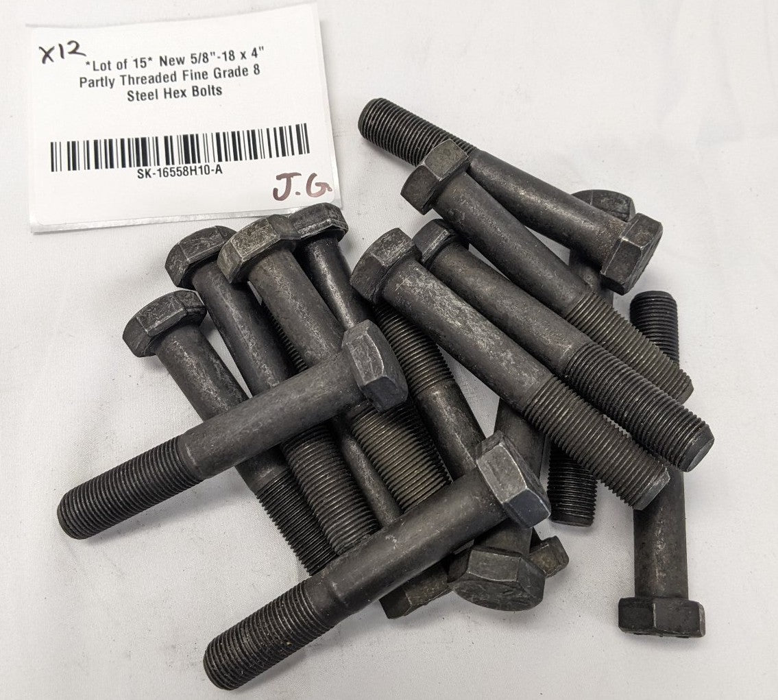 *Lot of 15* New 5/8"-18 x 4" Partly Threaded Fine Grade 8 Steel Hex Bolts