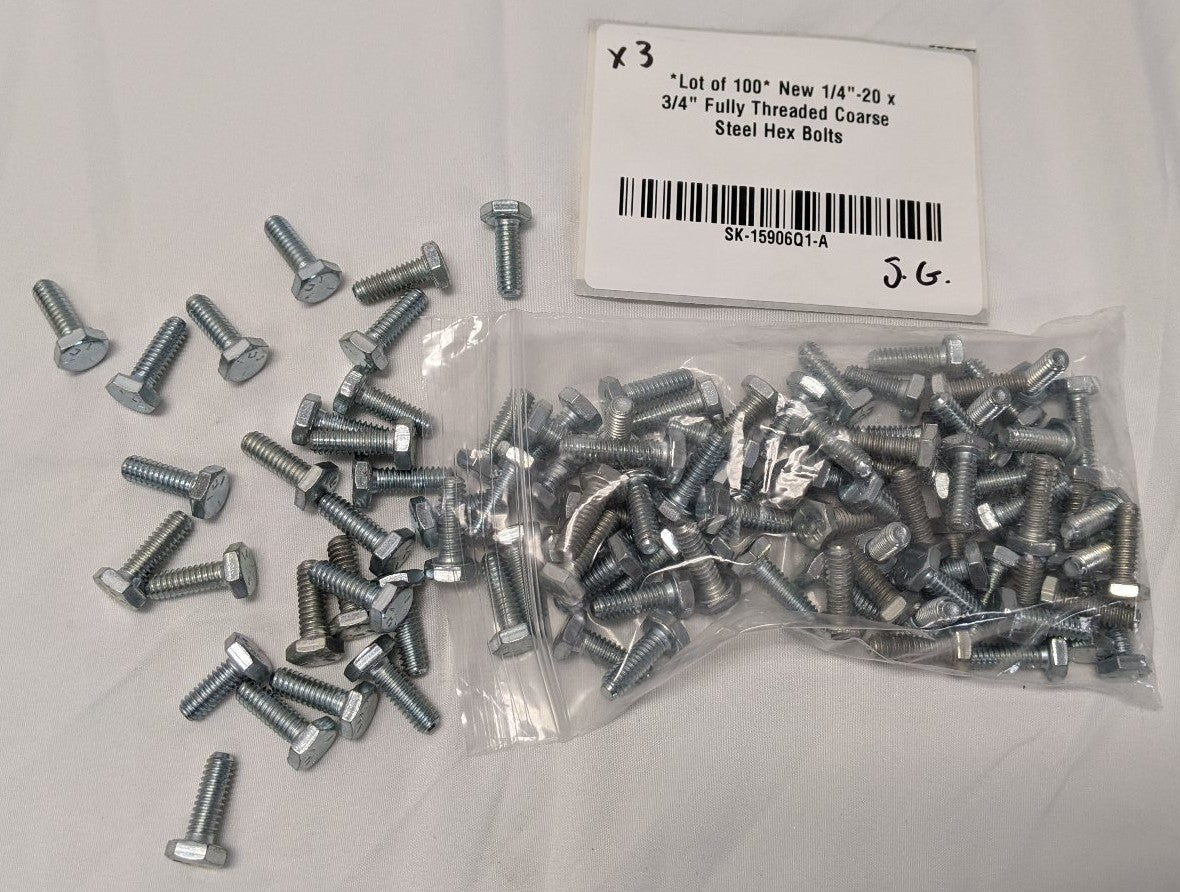 1/4"-20 x 3/4" Grade 5 Hex Bolts - Zinc Plated, Fully Threaded, Lot of 100
