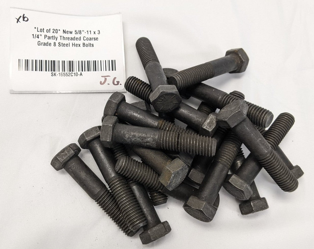 *Lot of 20* New 5/8"-11 x 3 1/4" Partly Threaded Coarse Grade 8 Steel Hex Bolts