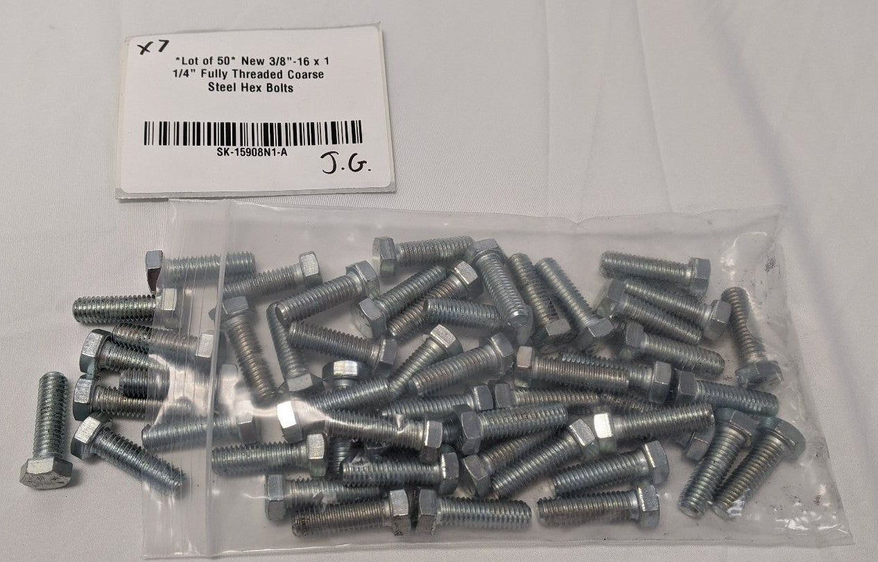 *Lot of 50* New 3/8"-16 x 1 1/4" Fully Threaded Coarse Steel Hex Bolts