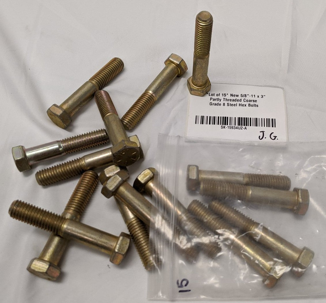 *Lot of 15* New 5/8"-11 x 3" Partly Threaded Coarse Grade 8 Steel Hex Bolts