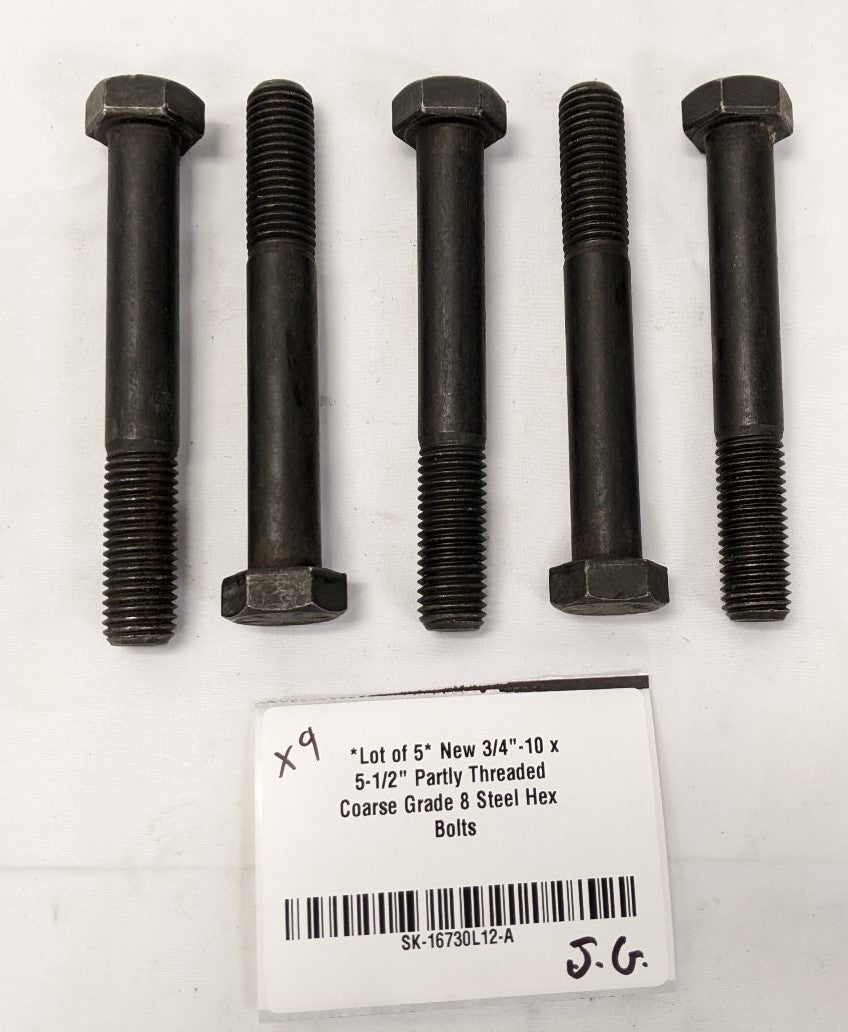 *Lot of 5* New 3/4"-10 x 5-1/2" Partly Threaded Coarse Grade 8 Steel Hex Bolts