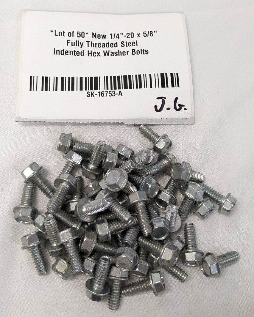 *Lot of 50* New 1/4"-20 x 5/8" Fully Threaded Steel Indented Hex Washer Bolts