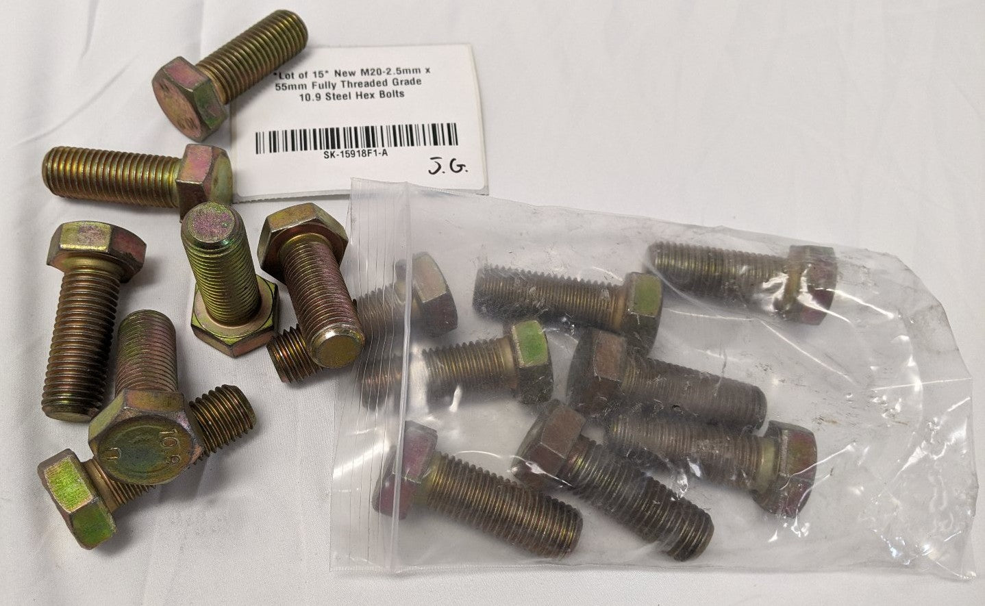 M20-2.5mm x 55mm Grade 10.9 Hex Bolts - Yellow Zinc Coated, Fully Threaded, Lot of 15