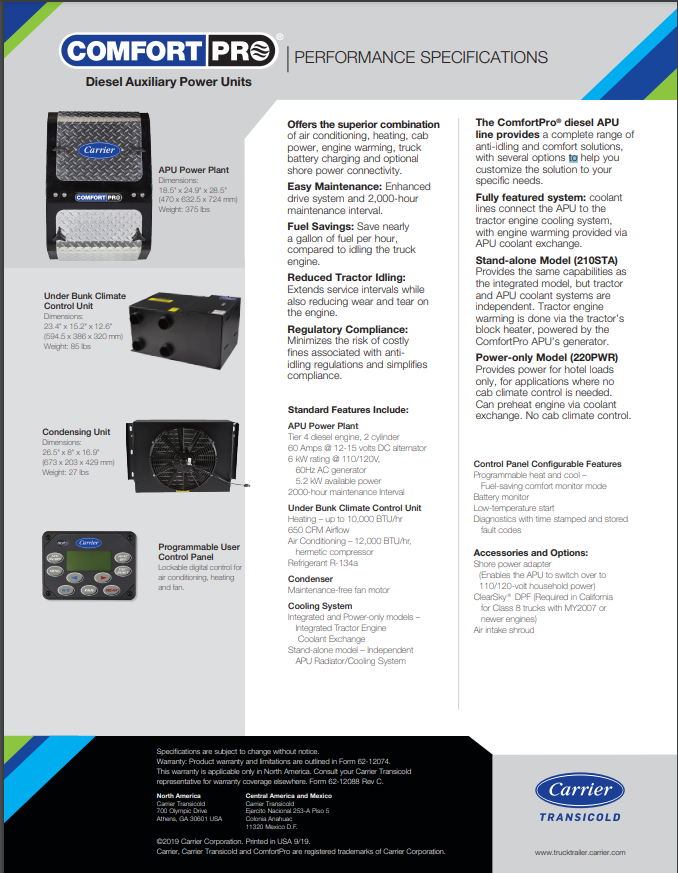 Carrier ComfortPro® 210STA Diesel Auxiliary Power Unit (APU) Kit