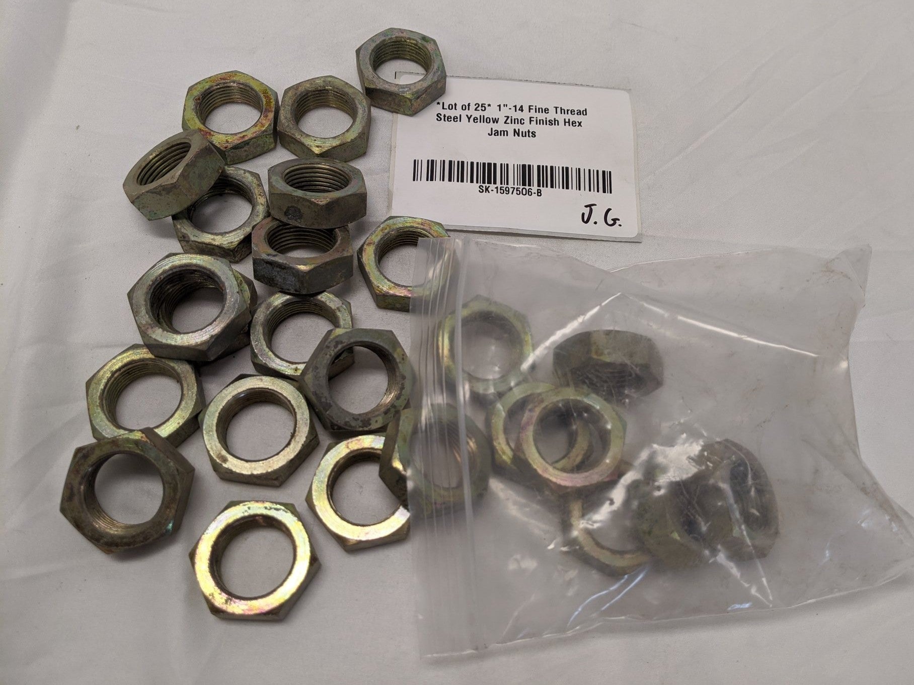 *Lot of 25* 1"-14 Fine Thread Steel Yellow Zinc Finish Hex Jam Nuts