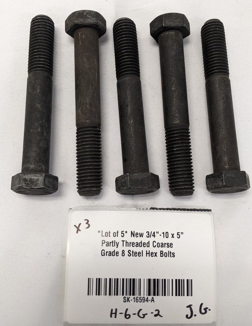 *Lot of 5* New 3/4"-10 x 5" Partly Threaded Coarse Grade 8 Steel Hex Bolts