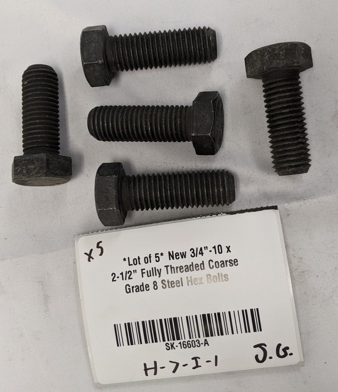 *Lot of 5* New 3/4"-10 x 2-1/2" Fully Threaded Coarse Grade 8 Steel Hex Bolts