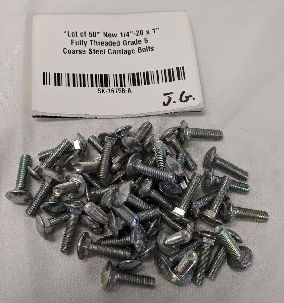 *Lot of 50* New 1/4"-20 x 1" Fully Threaded Grade 5 Coarse Steel Carriage Bolts