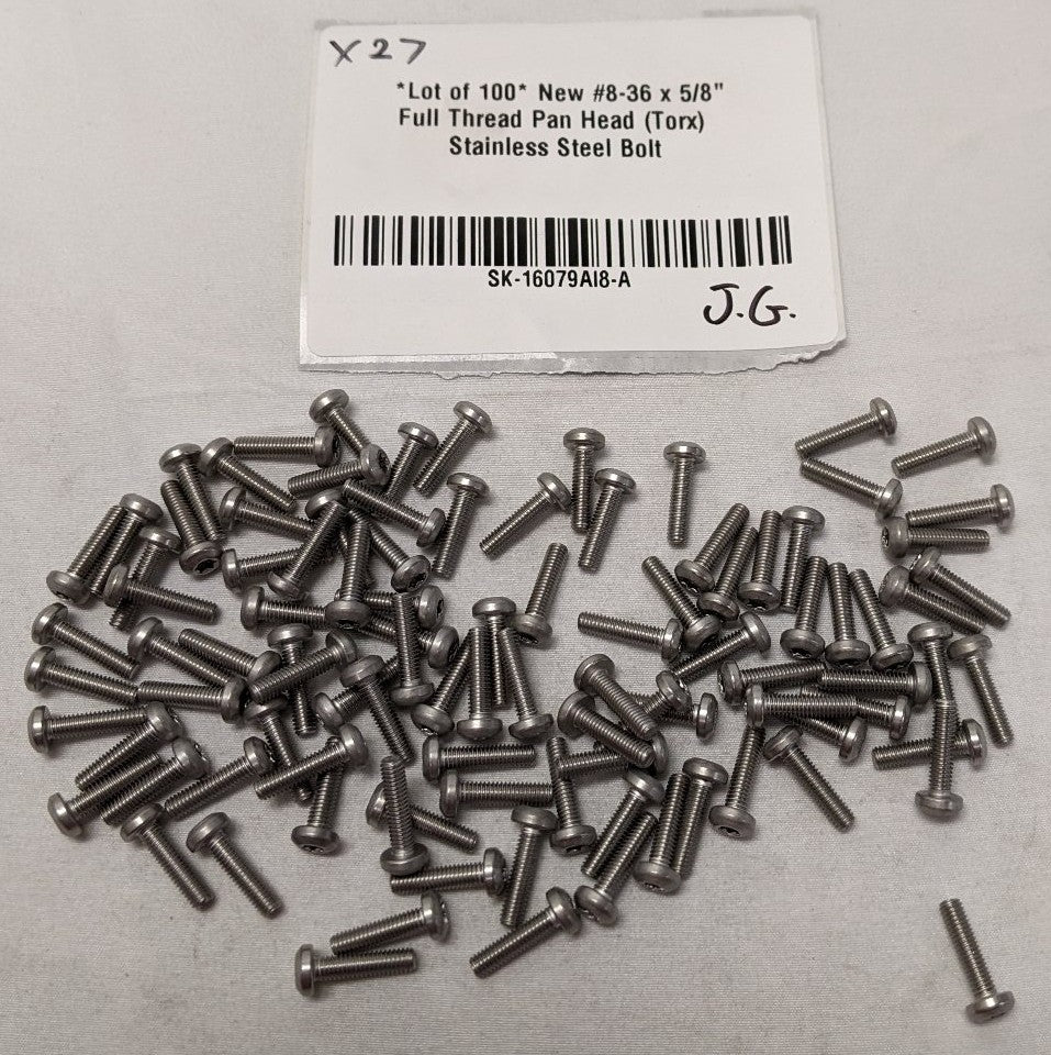 *Lot of 100* New #8-36 x 5/8" Full Thread Pan Head (Torx) Stainless Steel Bolt