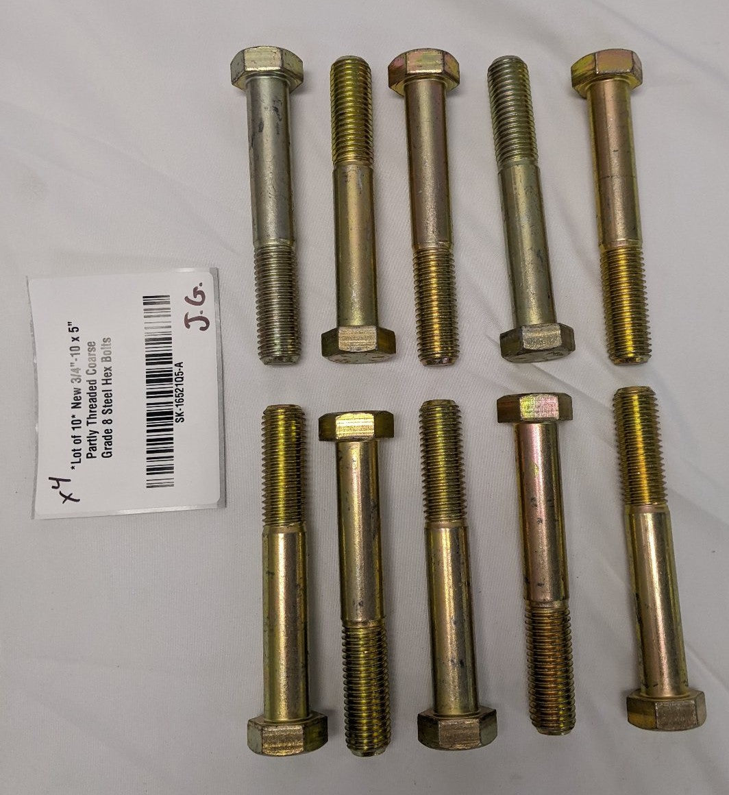 *Lot of 10* New 3/4"-10 x 5" Partly Threaded Coarse Grade 8 Steel Hex Bolts