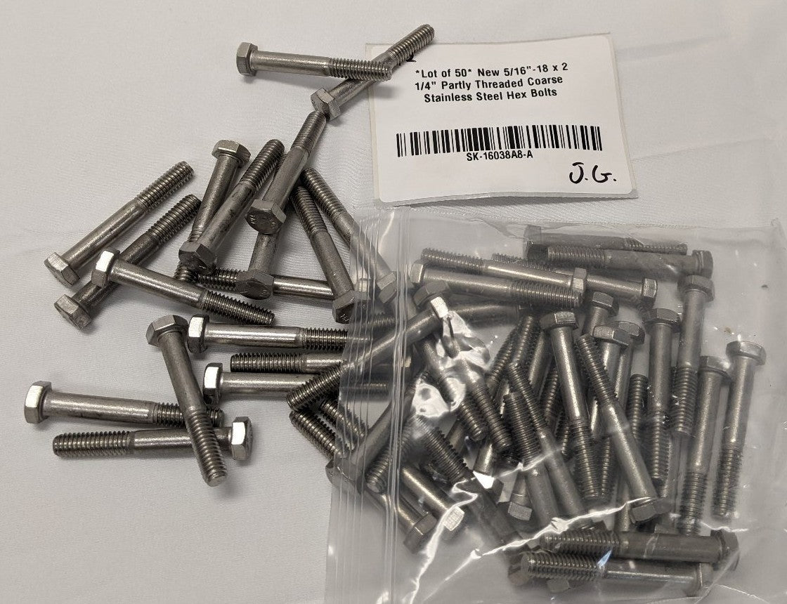 *Lot of 50* New 5/16"-18 x 2 1/4" Partly Threaded Coarse Stainless Steel Hex Bolts