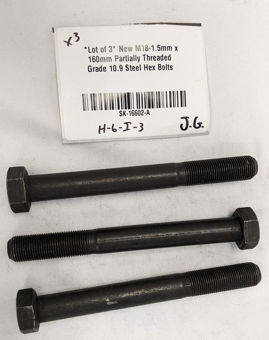 *Lot of 3* New M18-1.5mm x 160mm Partially Threaded Grade 10.9 Steel Hex Bolts