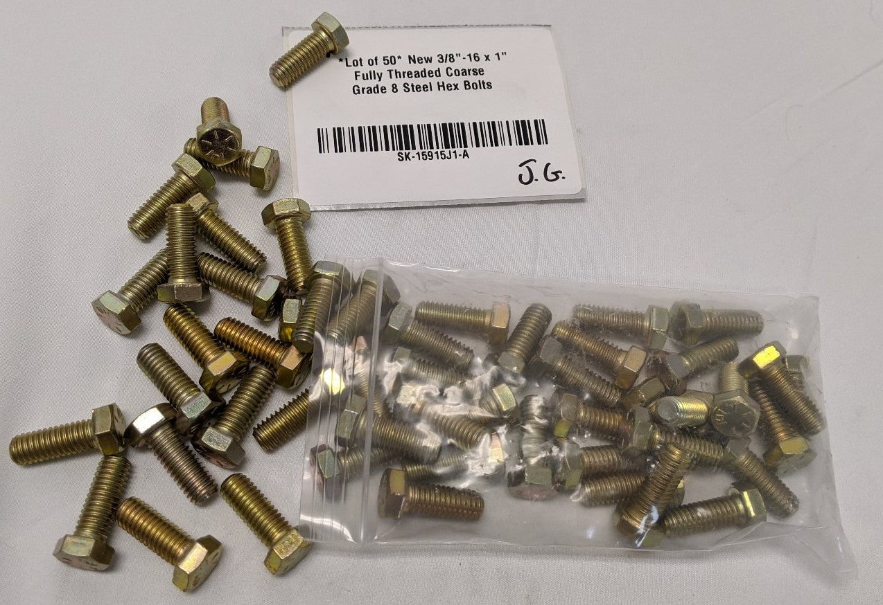 3/8"-16 x 1" Grade 8 Hex Bolts - Yellow Zinc Plated, Fully Threaded, Lot of 50