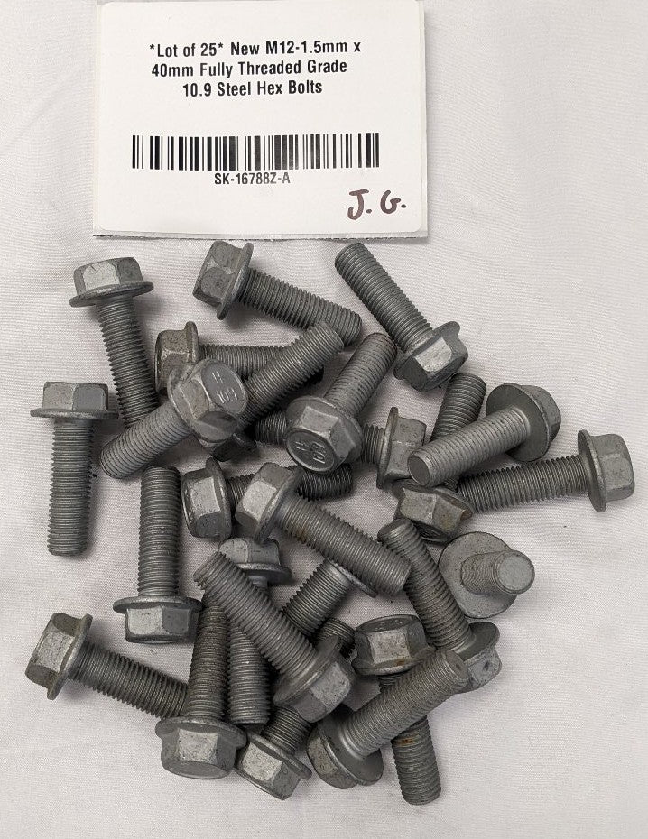 *Lot of 25* New M12-1.5mm x 40mm Fully Threaded Grade 10.9 Steel Hex Bolts