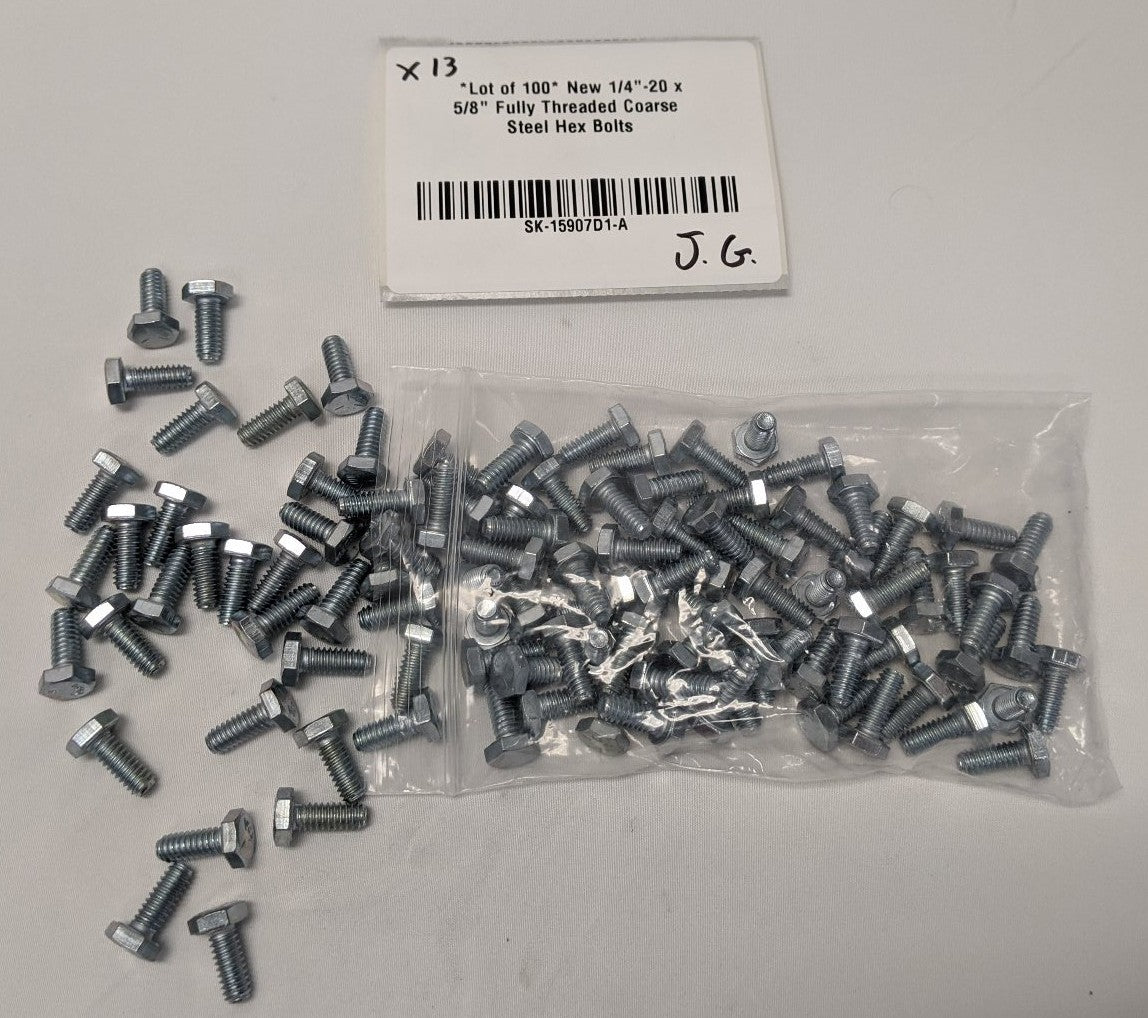 1/4"-20 x 5/8" Grade 5 Hex Bolts - Zinc Plated, Fully Threaded, Lot of 100