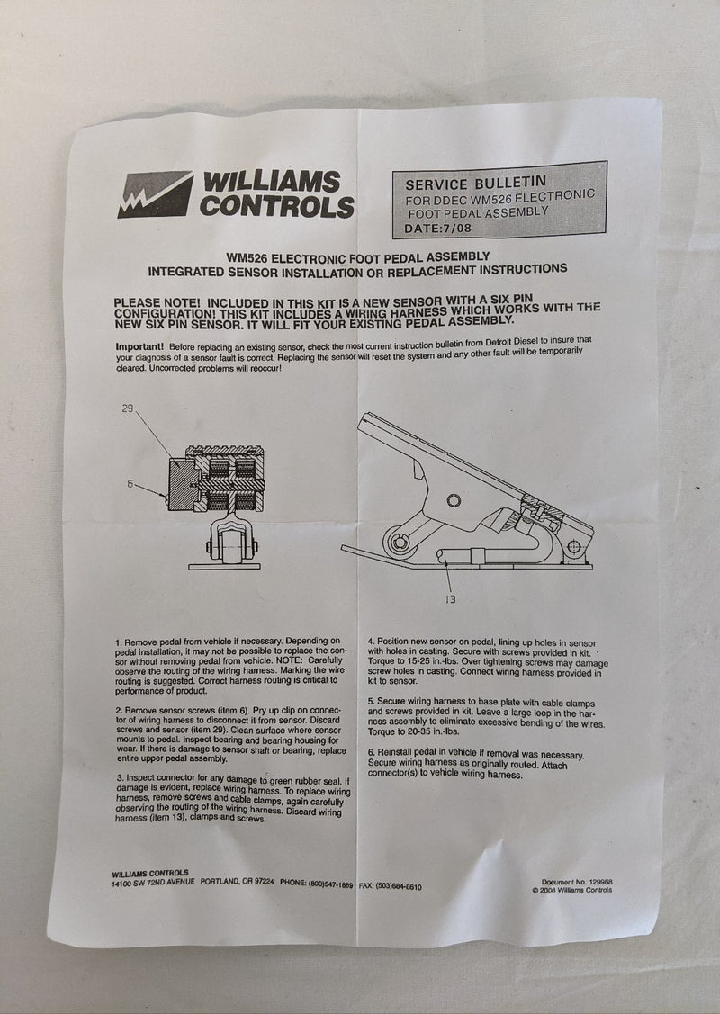 Williams Controls WM526 Elec Foot Pedal Harness/Sensor Kit WIL 132035