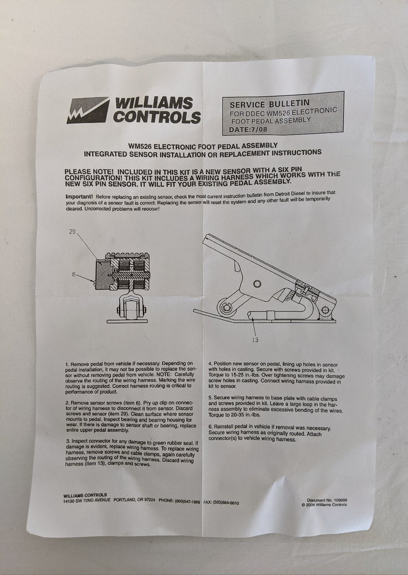 Williams Controls WM526 Elec Foot Pedal Harness/Sensor Kit - P/N: WIL 132035 (8897556185404)