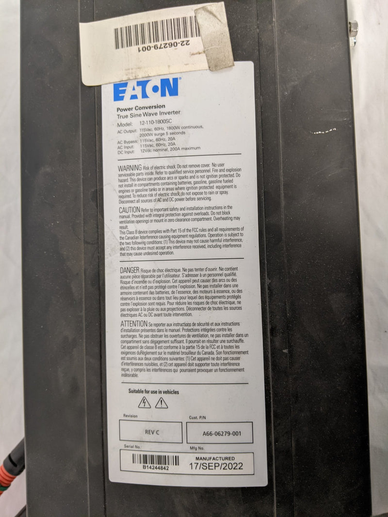 Used Eaton 12.1 V 1800W No Charge Inverter - P/N  A66-06279-001 (8077689422140)