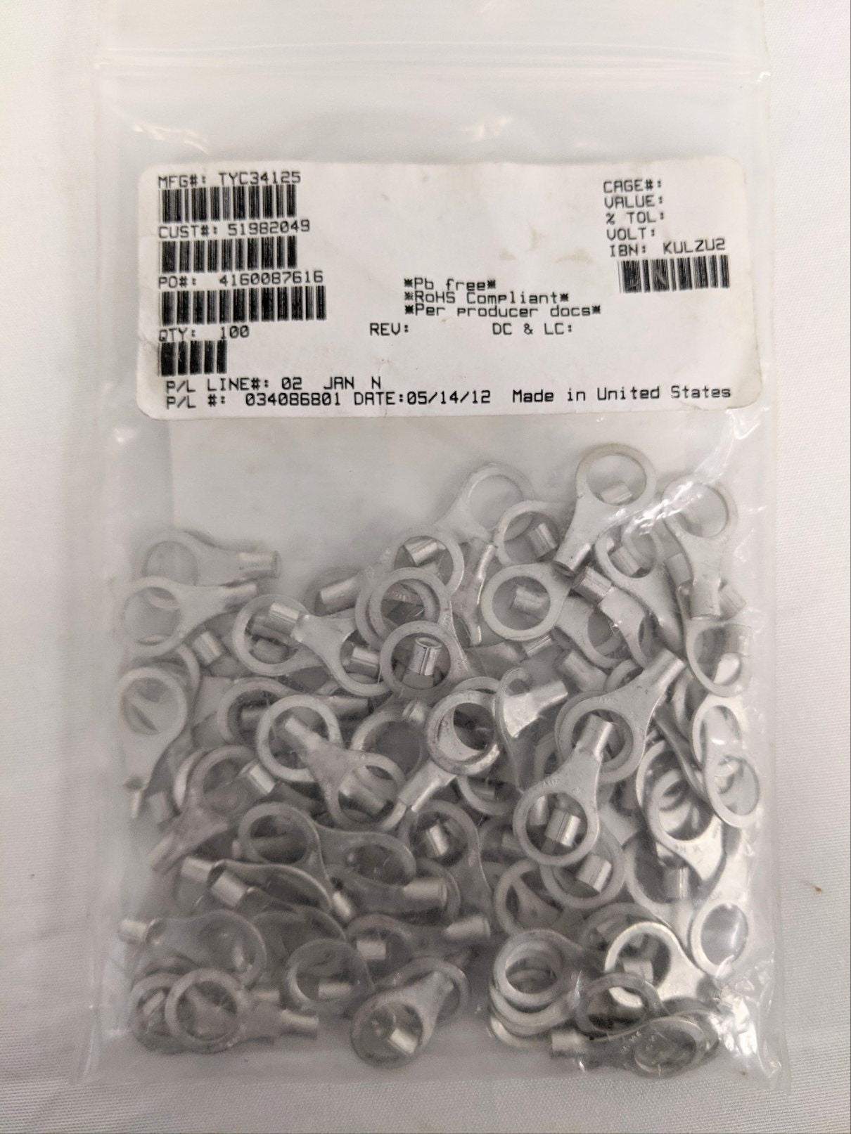 *Lot of 100* TYC 5/16 M8 Closed Ring Tongue Terminal - P/N 34125 (9183600083260)