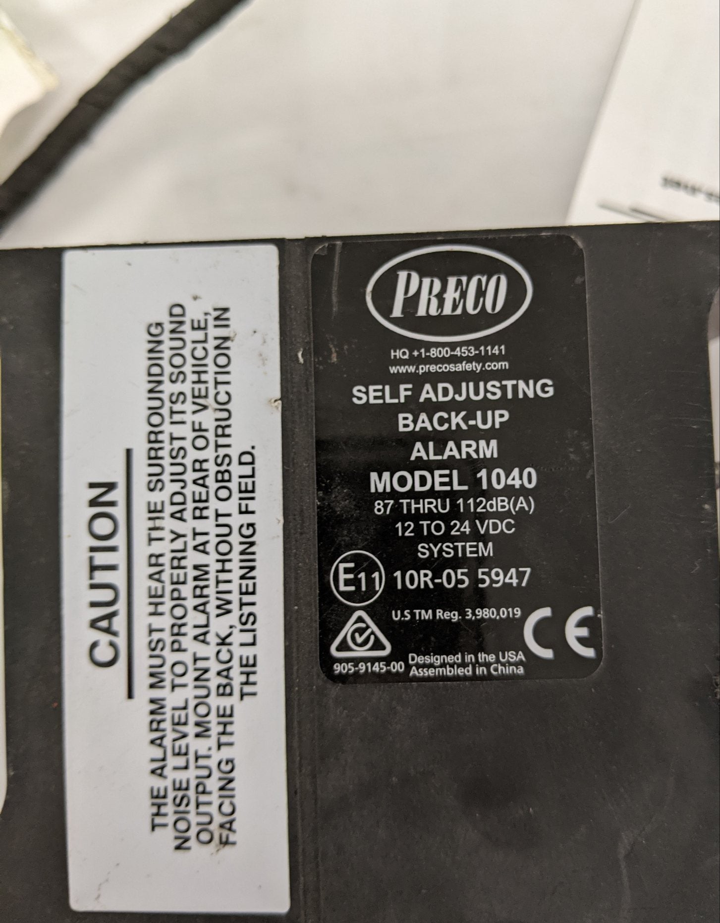 Used PRECO 1040 Self Adjusting  Back Up Alarm w/ Harness - P/N  10R-05-5947 (8977301307708)