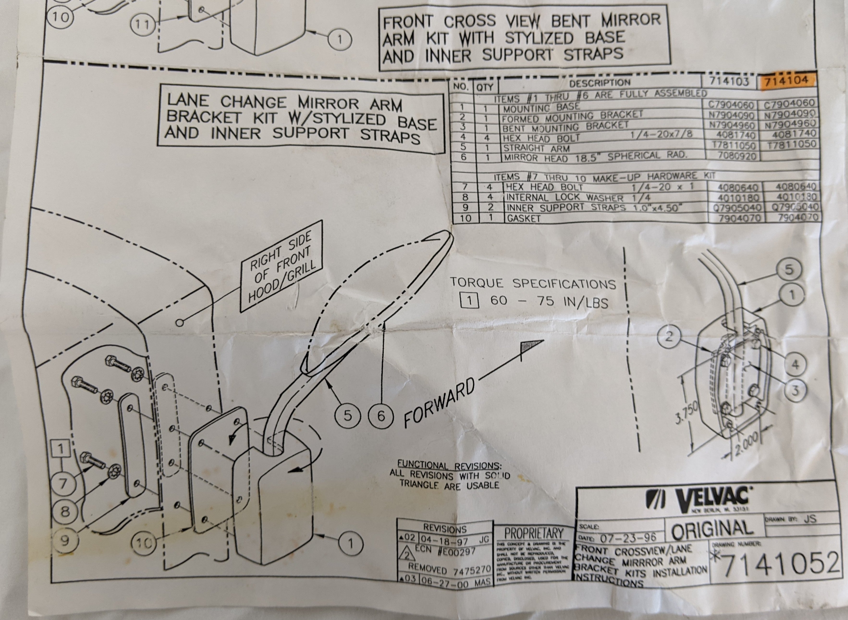 Velvac LH/RH Cross View, Lane Change Arm Bracket w/ Hardware - P/N VEL 714104 (9712476586300)