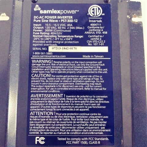 Used Samlex 300 Watt 12V Pure Sine Inverter - P/N: PST-300-12 (6700465913942)