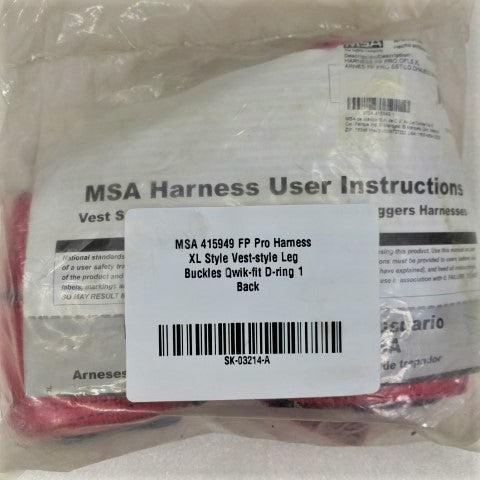MSA 415949 FP Pro Harness XL Style Vest-style Leg Buckles Qwik-fit D-ring 1 Back (4993291026518)
