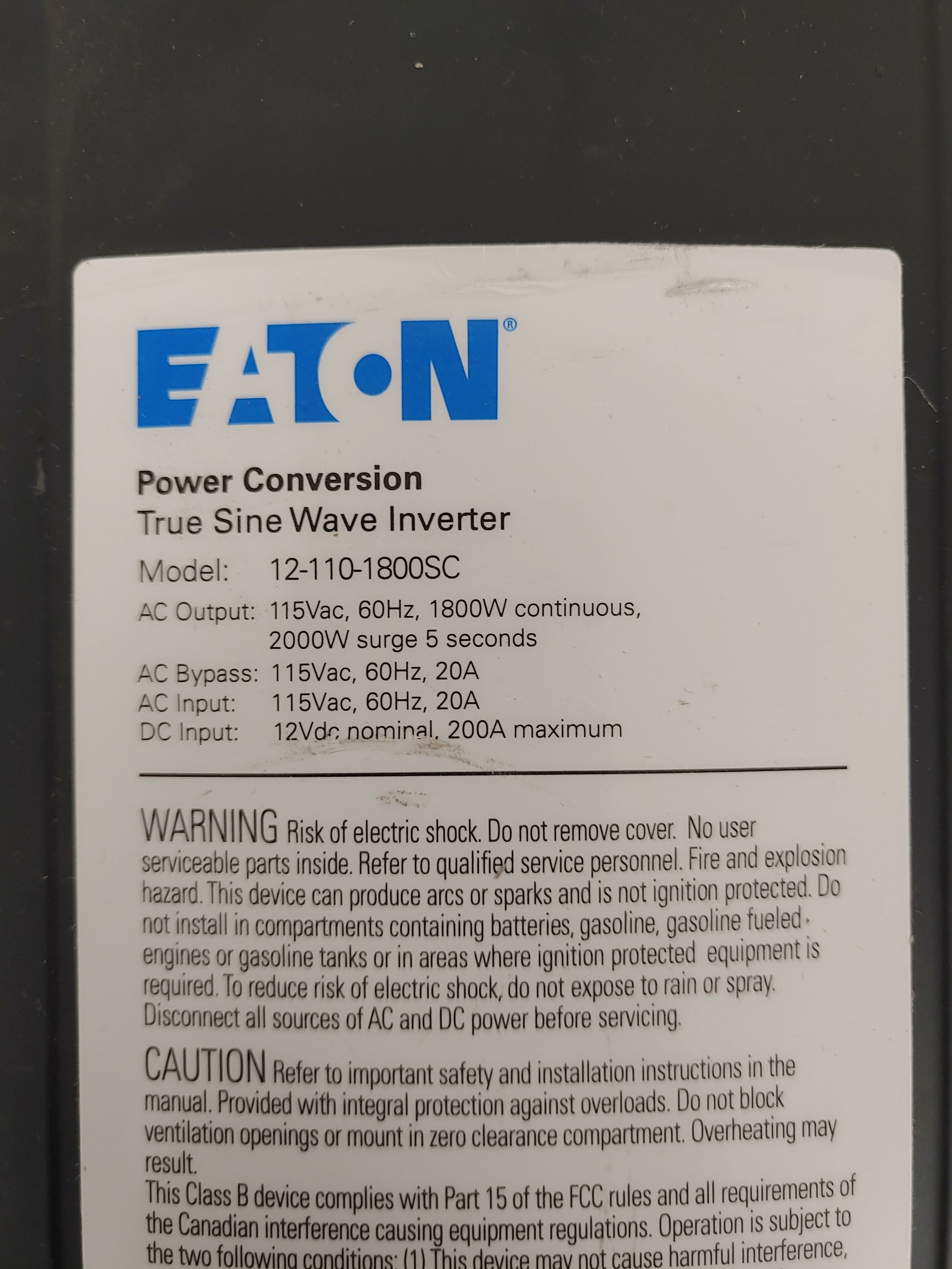 Used Eaton 12.1 V 1800W Inverter w/o Battery Charger - P/N  A66-06279-001 (8077689422140)