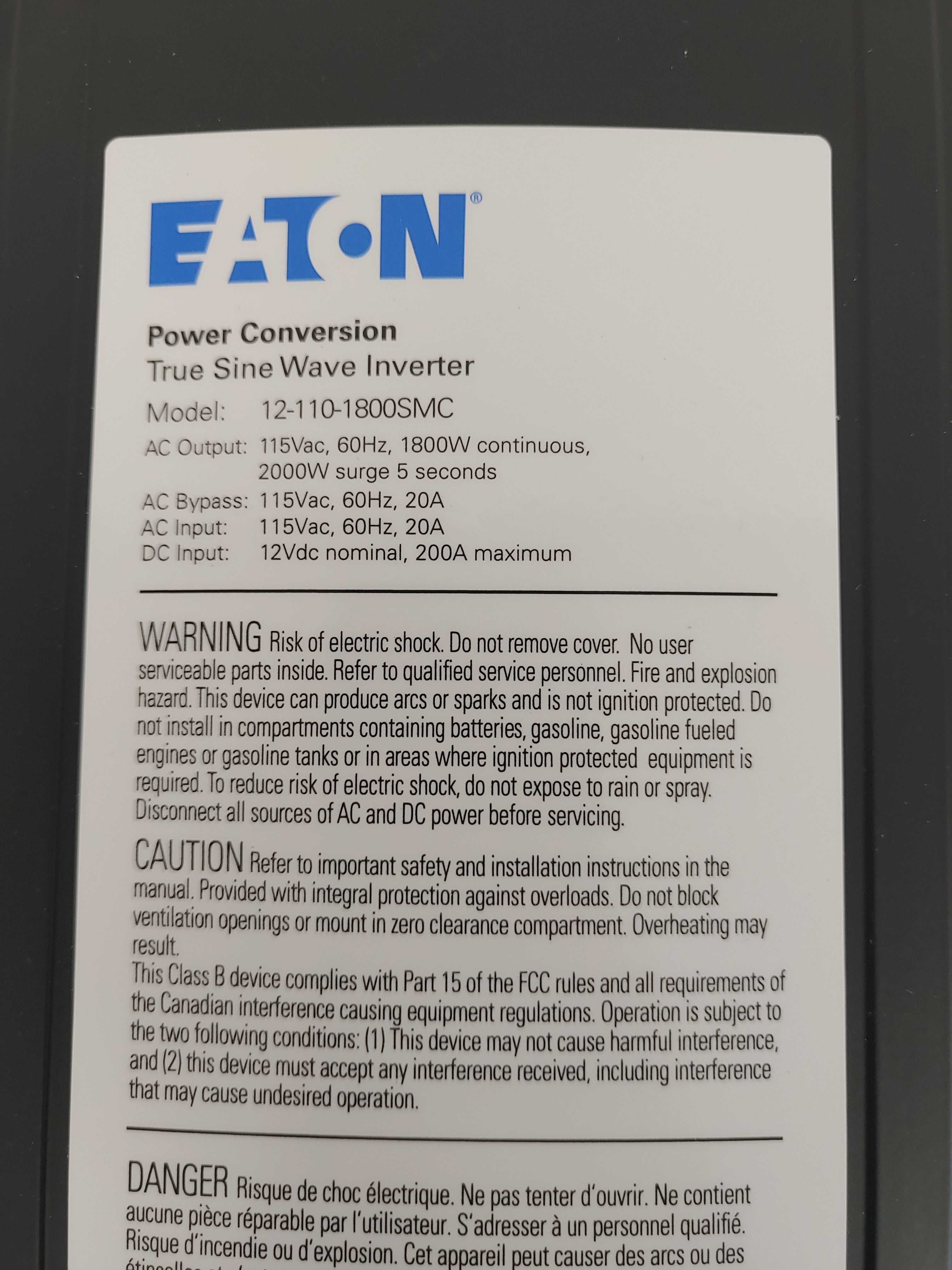 Eaton 11.8 V 1800W No Charge Inverter - P/N  A66-06279-003 (8059277902140)