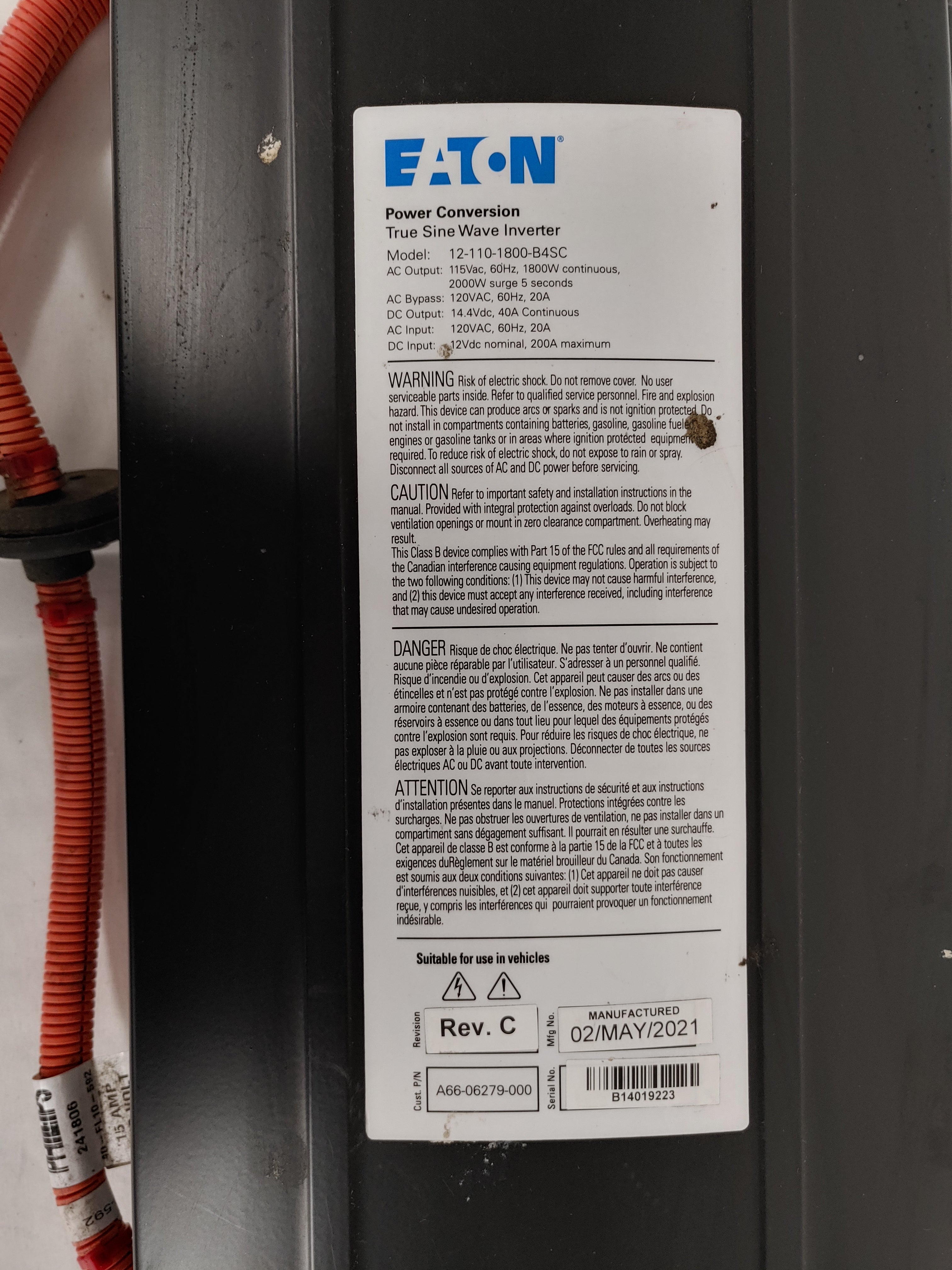 Used Eaton 1800W True Sine Wave Inverter - P/N: A66-06279-000 (8028730196284)